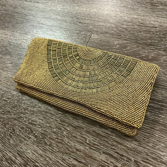 Moyna Gold Hand Beaded Art Deco Evening Clutch Foldover Wedding Party Purse Bag - Picture 1 of 11